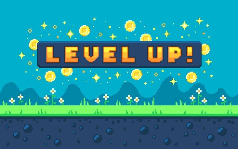 Pixel art design with outdoor landscape background. Colorful pixel arcade screen for game design. Banner with button level up. Game design concept in retro style. Vector illustration.