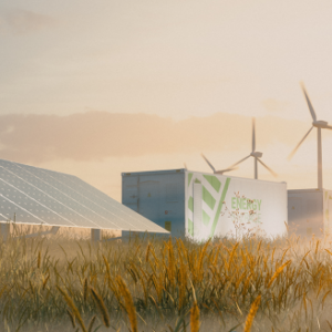 Kuvassa on uusiutuvan energian tuotantolaitteistoa: aurinko- ja tuulivoimala sähkövarastoineen.