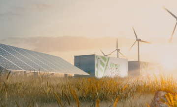 Kuvassa on uusiutuvan energian tuotantolaitteistoa: aurinko- ja tuulivoimala sähkövarastoineen.